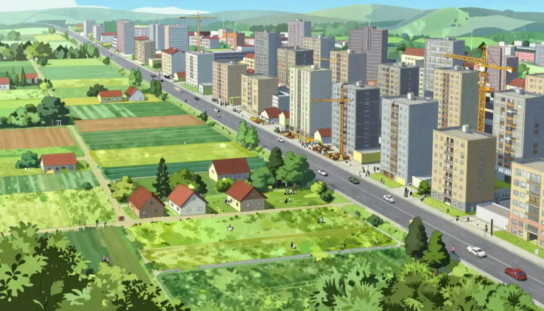 Visual representation of "urbanization" - The process of making an area more like a city, meaning more buildings, roads, people, etc.