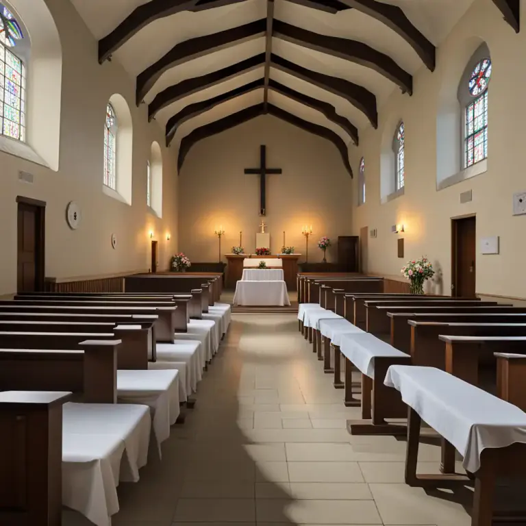 Visual representation of "chapel" - A part of a large building, such as a school, hospital, or prison, reserved for Christian worship.
