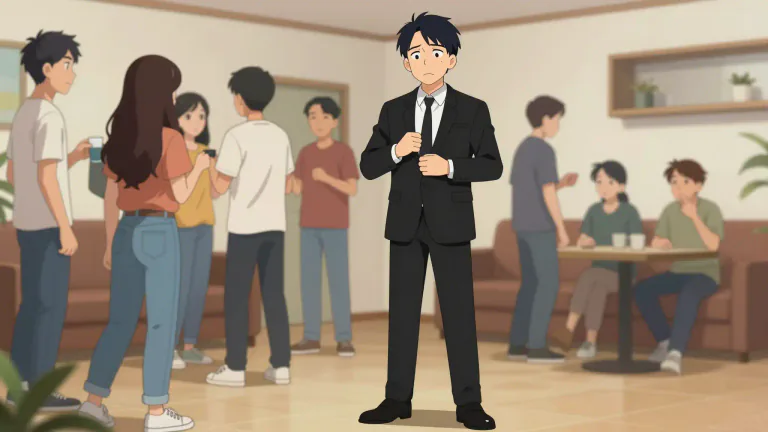 Visual representation of "overdressed" - Dressed in clothes too elaborate or formal for the occasion.