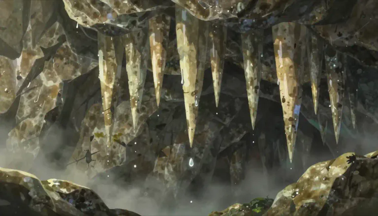 Visual representation of "stalactite" - A pointed structure that hangs down from the roof of a cave, formed from minerals dissolved in water.