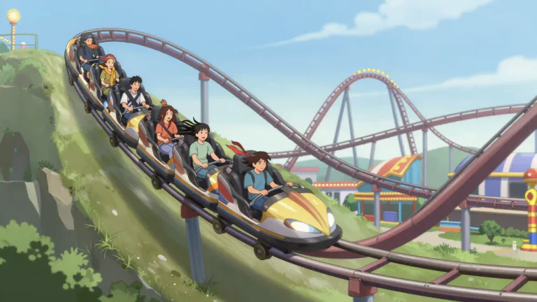 Visual representation of "coaster" - An amusement park ride that goes up and down and side to side very quickly, usually on a track.