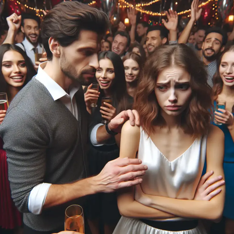 Visual representation of "grope" - To touch or handle someone for sexual pleasure, often when it is not wanted