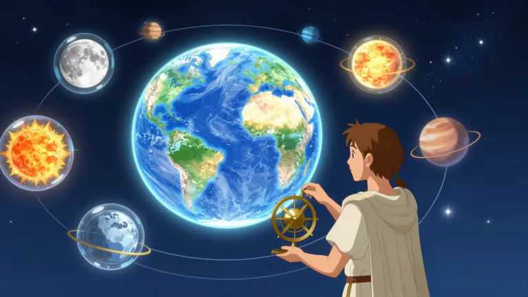 Visual representation of "ptolemaic" - Relating to the astronomical system that posits the Earth as the center of the universe, formulated by the ancient Greek astronomer Ptolemy.