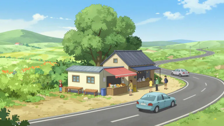 Visual representation of "roadside" - Located or happening next to a road