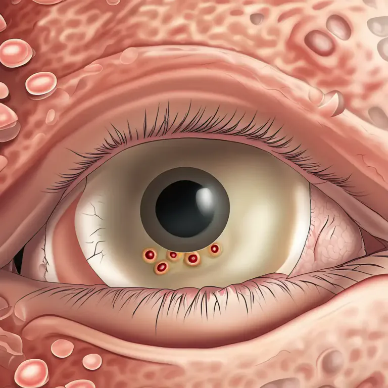 Visual representation of "tuberous" - Related to or suffering from a medical condition where non-cancerous growths develop, often in the eyes and skin.