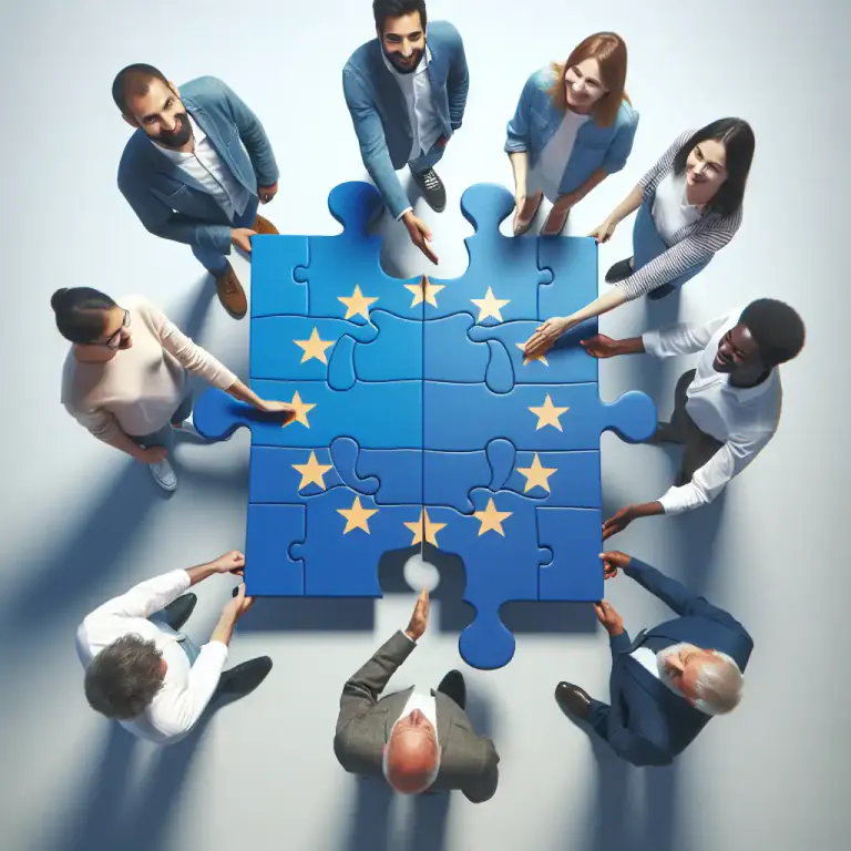 Visual representation of "unionization" - A situation or process where countries, states or businesses combine to form a single group for cooperation and mutual benefit.