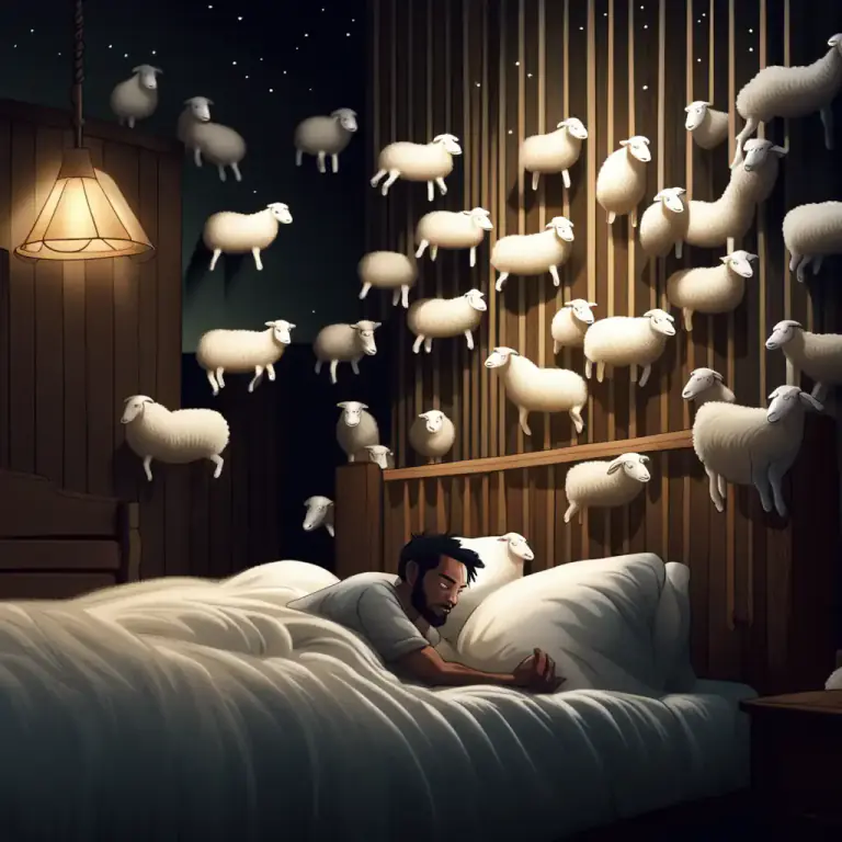 Visual representation of "count sheep" - An activity when a person tries to fall asleep by slowly counting imaginary sheep jumping over a fence in their mind.