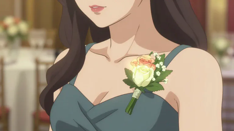 Visual representation of "corsage" - A small arrangement of flowers worn by a woman at a formal occasion