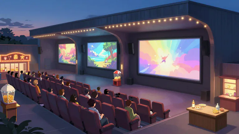 Visual representation of "multiplex" - A movie theater with several screens showing different films at the same time.