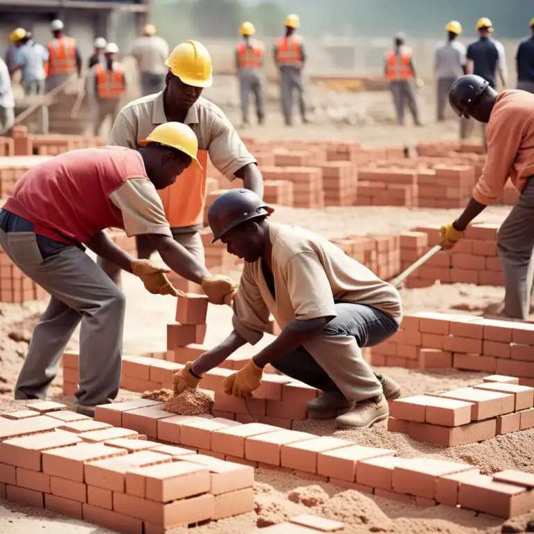 Visual representation of "lay" - To put brick or tiles in position in order to build something