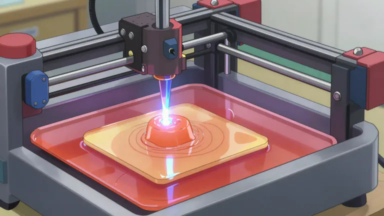 Visual representation of "stereolithography" - A method of 3D printing that uses a laser to cure liquid resin into solid layers, creating tangible objects from digital designs.