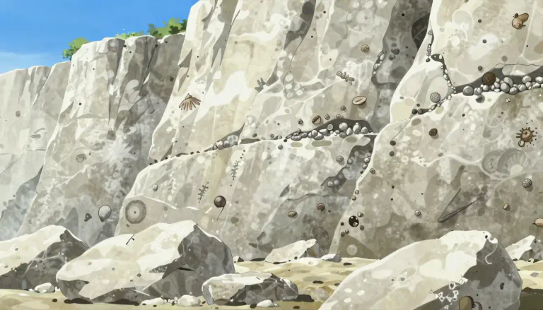 Visual representation of "limestone" - A hard type of rock that's often white or grey and has been formed from the remains of tiny sea creatures. It's used in building and in making cement.