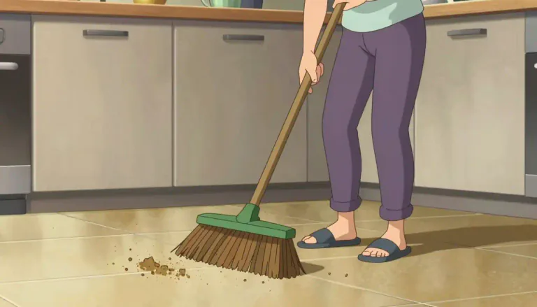 Visual representation of "sweep" - To clean a surface, usually the floor, using a broom