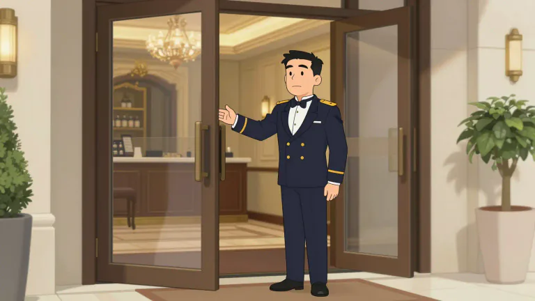 Visual representation of "doorman" - A person whose job is to stand at the door of a building and allow people to go in or out, and sometimes to prevent unwanted visitors from entering
