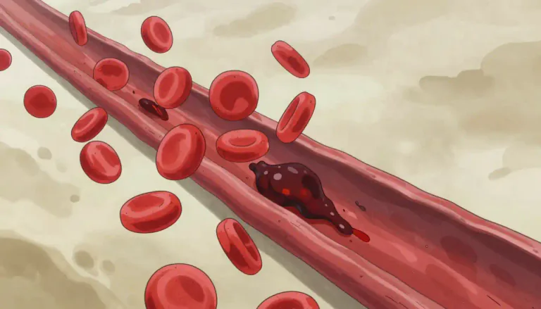 Visual representation of "embolus" - A thing, usually a blood clot, that blocks a blood vessel carried by the blood from one part of the body to another.