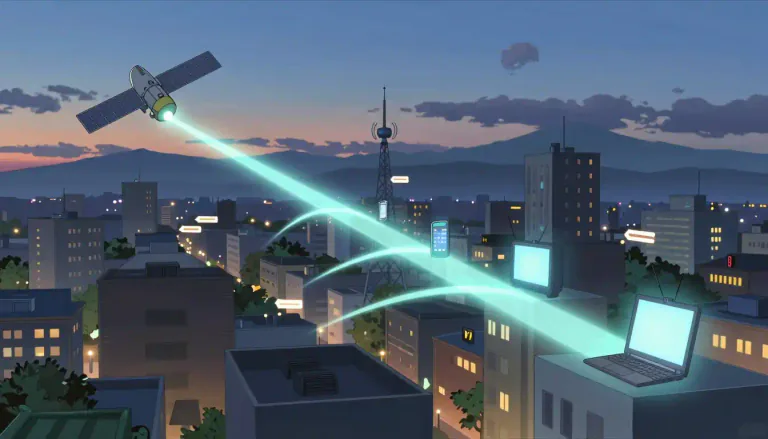 Visual representation of "telecommunication" - The sending of messages, information, etc., over distances, using radio, telephone, television, or computer technology