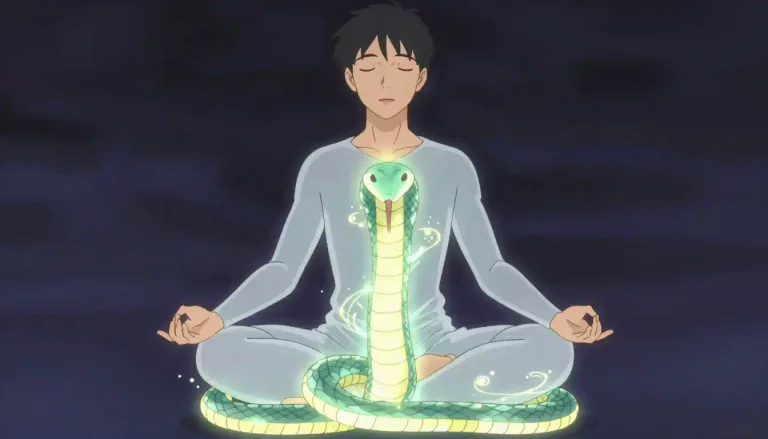 Visual representation of "kundalini" - In Hindu philosophy, kundalini refers to a latent form of divine energy believed to reside in every individual, often visualized as a coiled serpent.