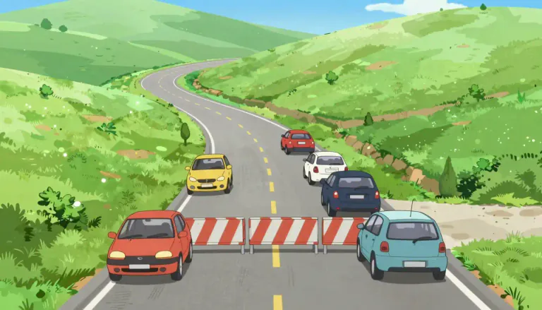Visual representation of "detour" - A longer way to get to a place, used when the usual way is blocked or to avoid something