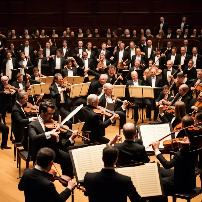 Visual representation of "symphony" - A group of musicians who play classical music together and are led by a conductor