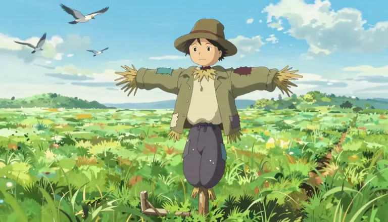 Visual representation of "scarecrow" - A model of a person made of old clothes and other items, often placed in fields to keep birds away from crops.