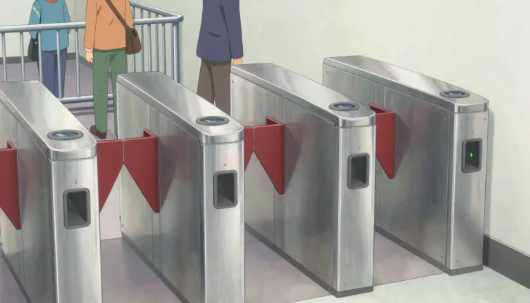 Visual representation of "turnstile" - A gate with several bars or arms that can only rotate in one direction, allowing only one person at a time to pass through. It's often used at entrances of places where the flow of people needs to be controlled.