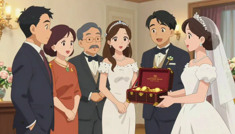Visual representation of "dowry" - Property or money that a bride's family gives to the bridegroom's family when they marry.