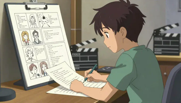 Visual representation of "screenwriting" - The process of writing the script for a film or television show, which includes dialogue, scene directions, and character development.