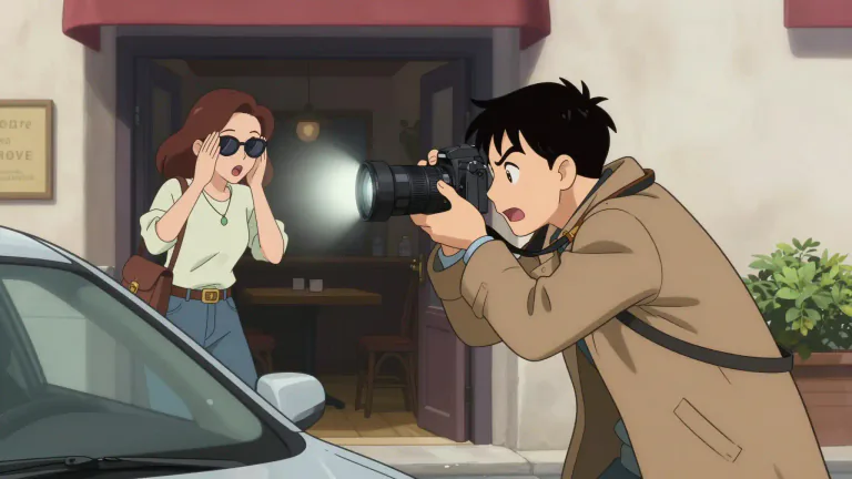 Visual representation of "paparazzo" - A photographer who follows famous people to take their picture, usually without their consent.