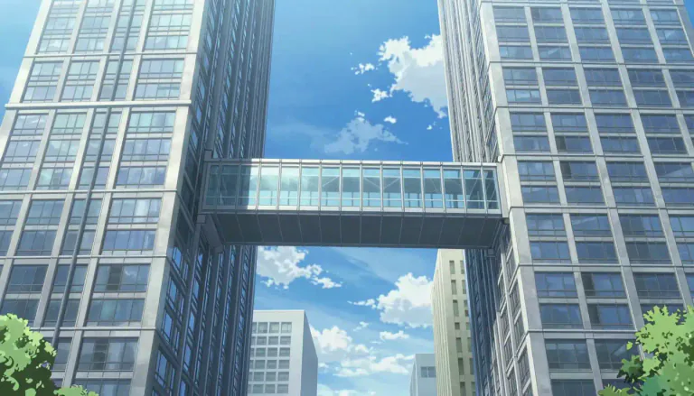 Visual representation of "skybridge" - A covered or enclosed walkway connecting two buildings, usually at a high elevation.