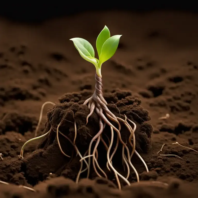 Visual representation of "take root" - When a plant or tree starts to grow roots in the soil.