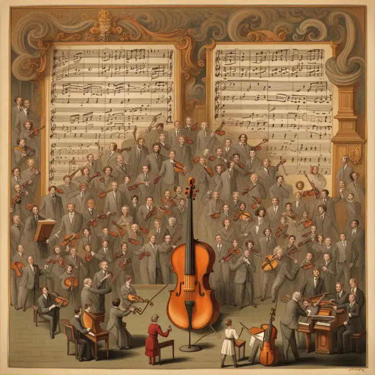 Visual representation of "symphony" - An elaborate instrumental composition in three or more movements, similar in form to a sonata but written for an orchestra and usually of far grander proportions and more varied elements.