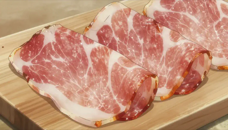 Visual representation of "prosciutto" - A type of dry-cured ham that is typically thinly sliced and served raw, originating from Italy.
