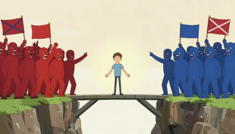 Visual representation of "centrist" - A person whose beliefs are in the middle, not extreme to the left or right in politics.