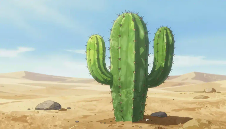 Visual representation of "cactus" - A plant that grows in dry places like deserts. It has thick stem and needles or spikes instead of leaves.