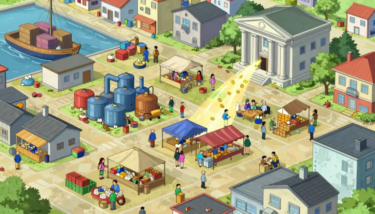 Visual representation of "economy" - The way a country manages its money and resources to produce, buy and sell goods and services.