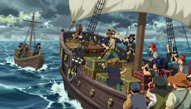 Visual representation of "piracy" - The act of attacking and stealing from ships at sea.