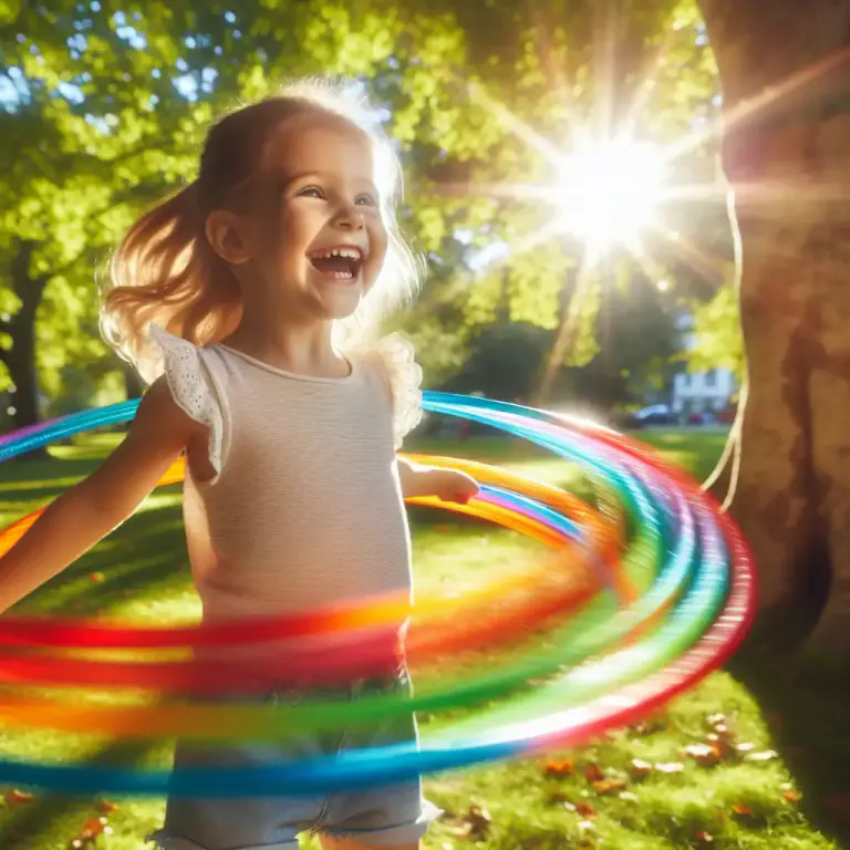 Visual representation of "hula" - A hoop made of plastic or wood used for a game by spinning it around the body, especially the waist.