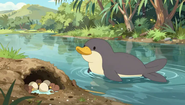 Visual representation of "platypus" - A strange-looking animal from Australia that lays eggs but also feeds milk to its babies. It lives in water and on land.