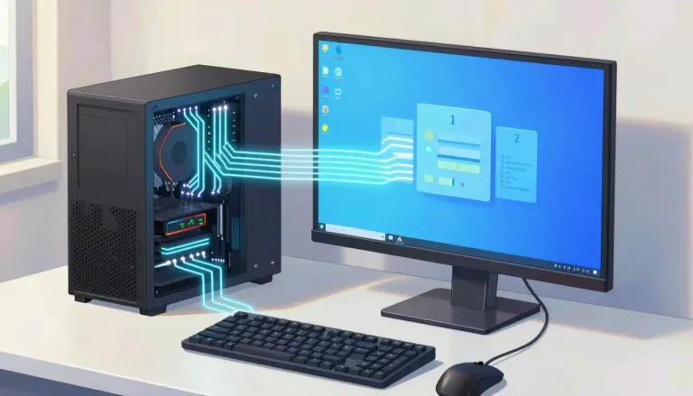 Visual representation of "computer" - A device that accepts, processes, stores, and outputs data at high speeds according to programmed instructions.