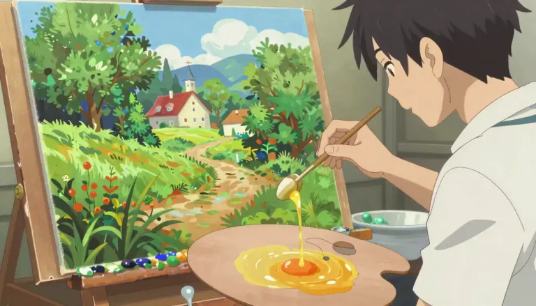 Visual representation of "tempera" - A method of painting where colors are mixed with egg yolk or other substances, instead of oil.