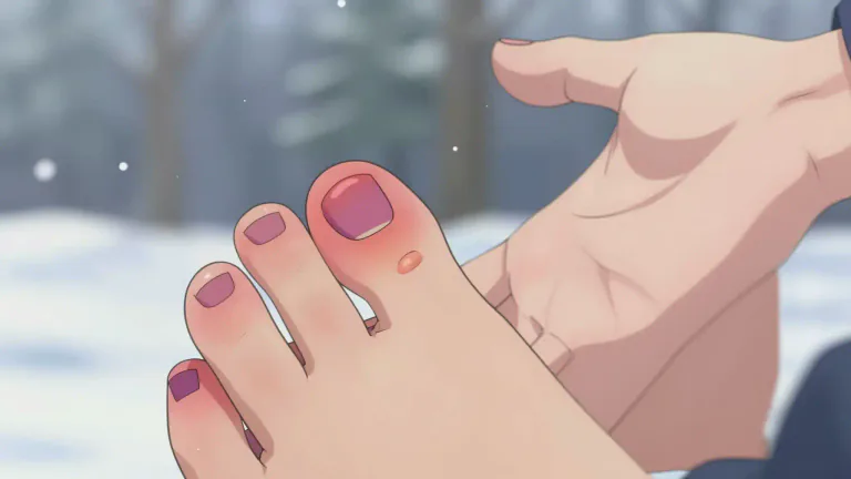 Visual representation of "chilblain" - A painful, itching swelling on the skin that happens in cold weather, usually on a toe or finger.