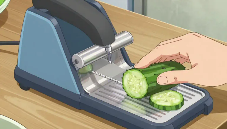 Visual representation of "mandoline" - A kitchen device used for slicing fruits and vegetables uniformly.