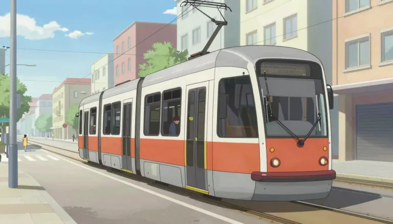 Visual representation of "tram" - A carriage pulled by cables on rails for transportation, usually in cities.