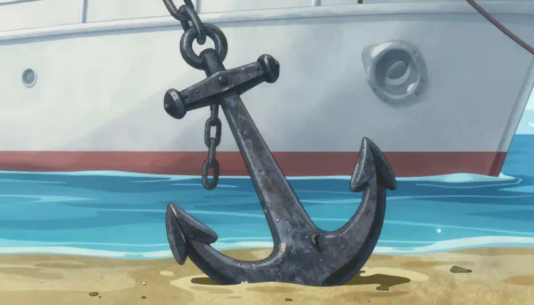 Visual representation of "anchor" - A heavy object attached to a rope or chain and used to keep a ship in place.