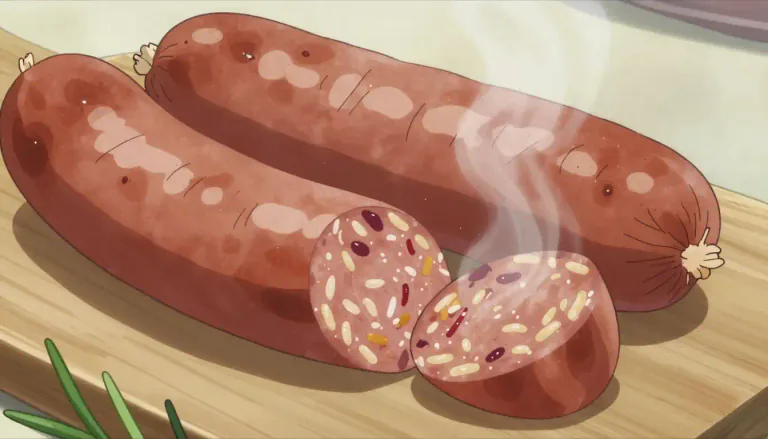 Visual representation of "boudin" - A type of sausage made with rice, blood, and various seasonings, traditionally associated with Cajun cuisine.