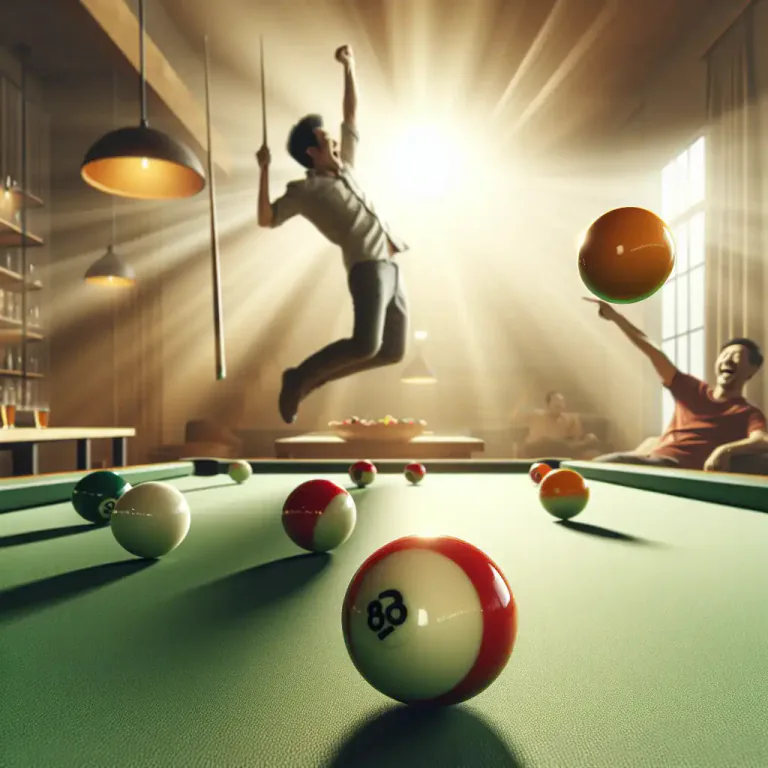 Visual representation of "carom" - A shot in billiards where the cue ball contacts one object ball and then the other