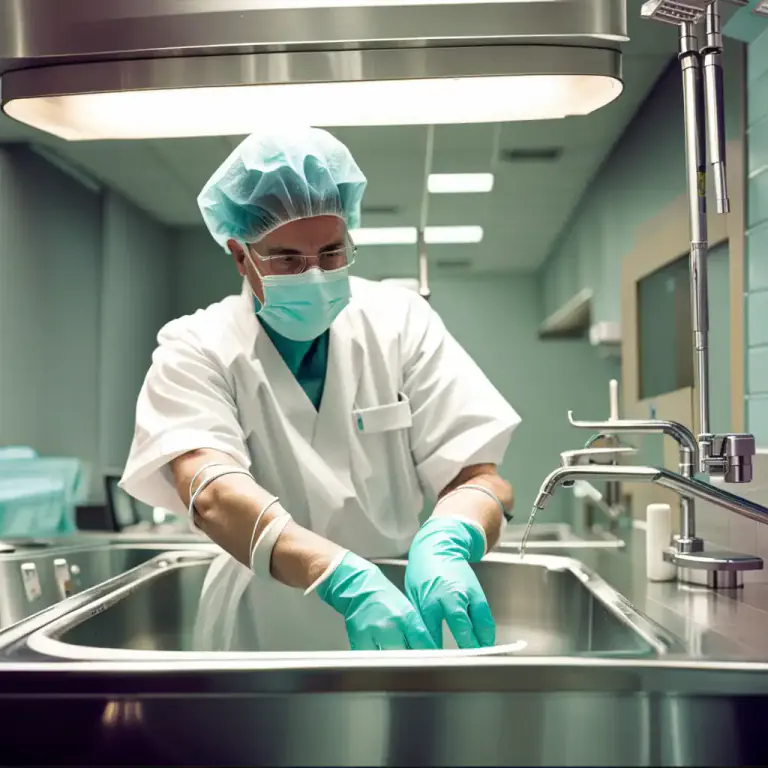 Visual representation of "scrub up" - To wash one's hands and arms thoroughly, especially before performing a medical operation