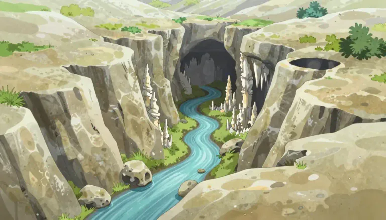 Visual representation of "karst" - A landscape formed from the dissolving of soluble rocks, characterized by features like caves, sinkholes, and underground rivers.