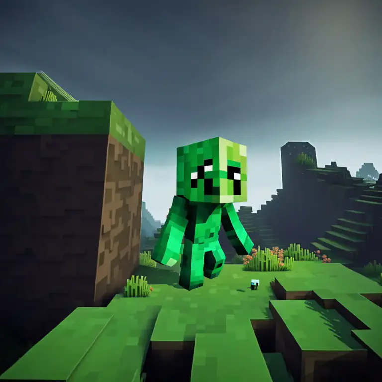 Visual representation of "creeper" - A type of explosive device in the game Minecraft that approaches players and explodes.