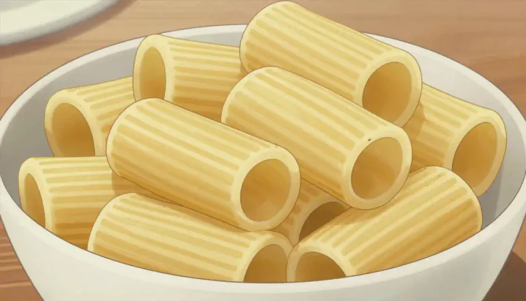 Visual representation of "rigatoni" - A type of pasta that is shaped like a large tube and has ridges on its surface.